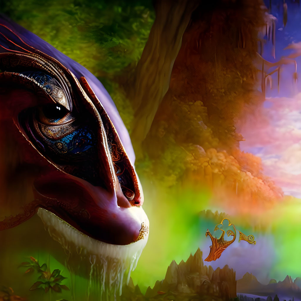 Close-up Dragon's Eye with Colorful Ethereal Landscapes and Glowing Mystic Emblem