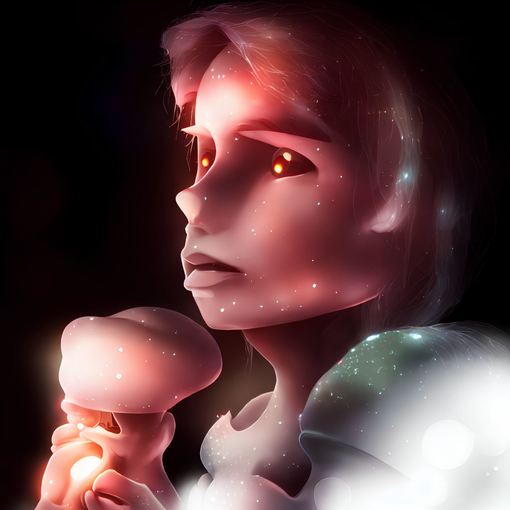 Child with Glowing Red Eyes Holding Object in Starry Illustration