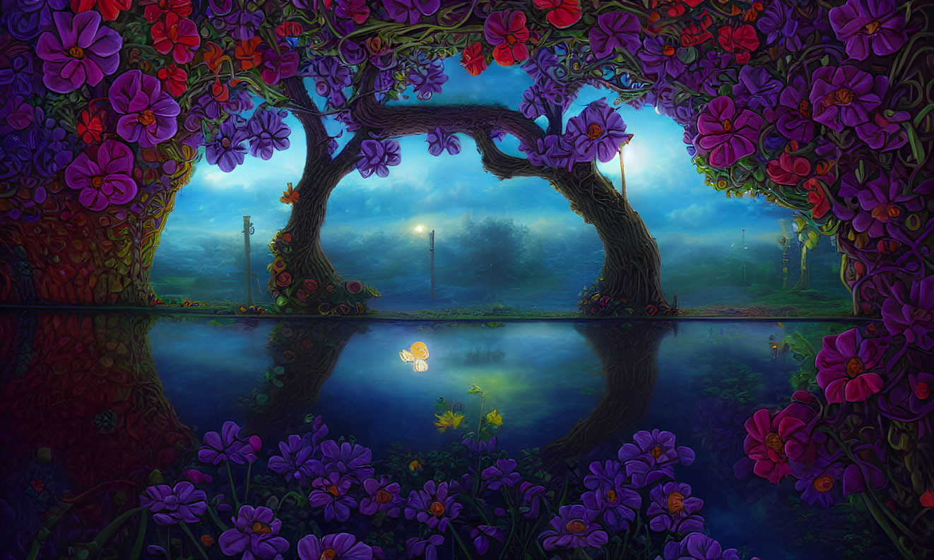 Colorful flowers surround glowing tree arch over serene pond with street lamps and floating swan