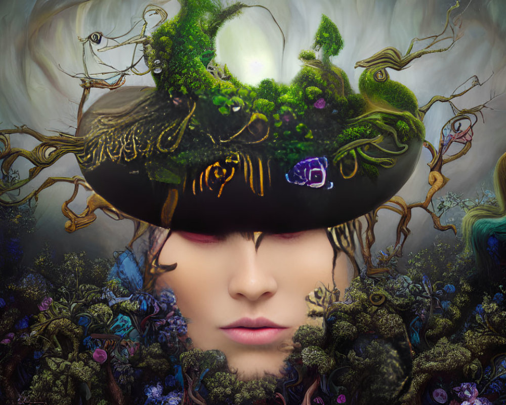 Surreal portrait featuring face with forest-like hat and mystical flora