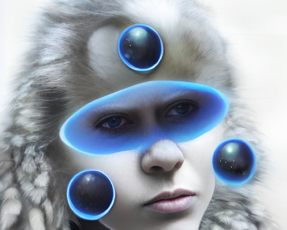 Surreal portrait of person with pale skin and blue eyes in fur garment with levitating rings and