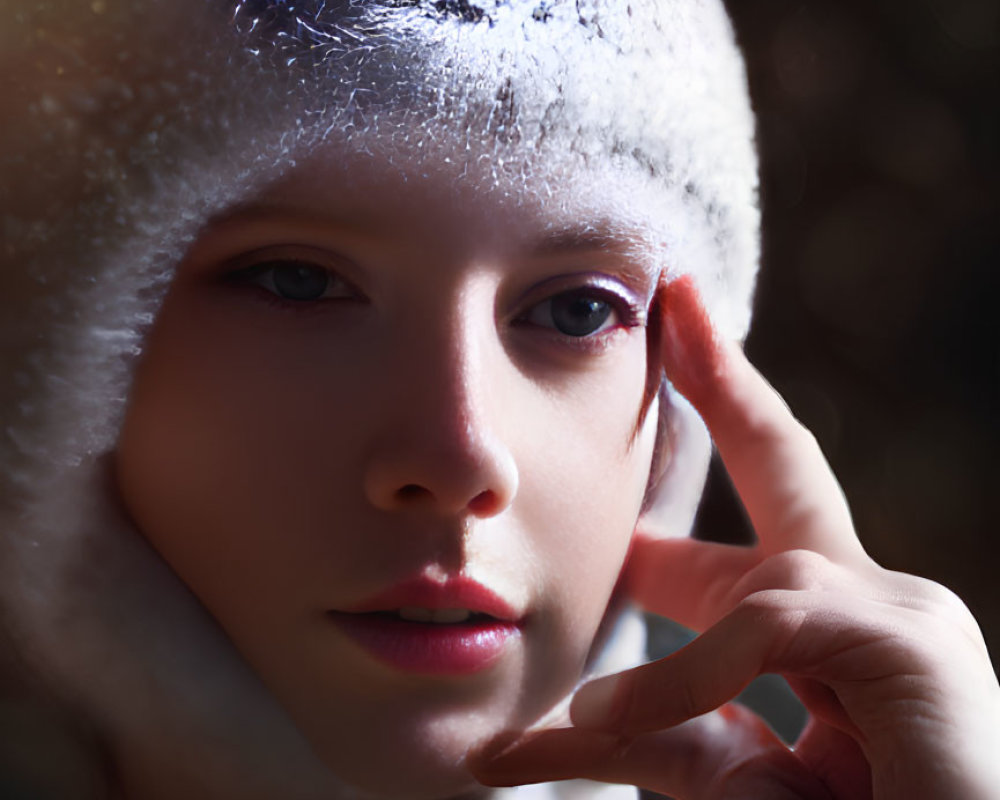 Person with frost-covered hat gazing contemplatively under sunlight