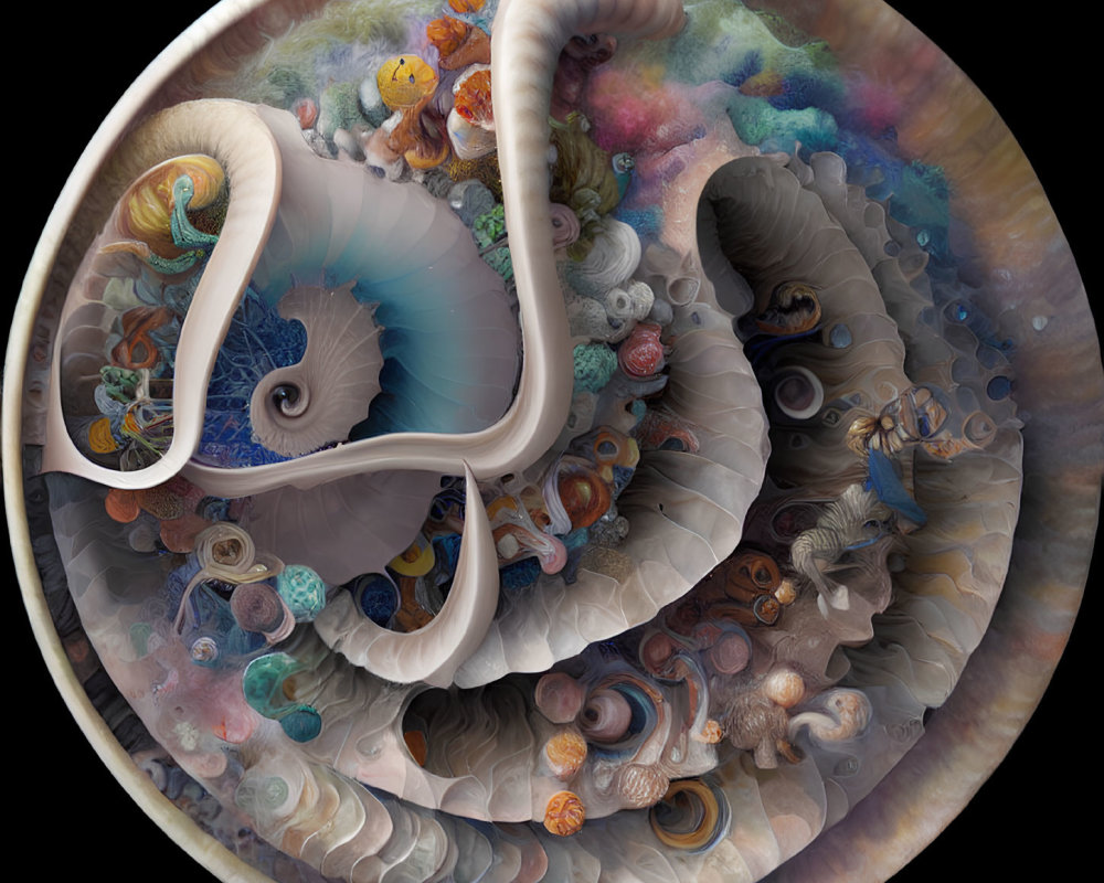 Circular surreal artwork with intricate fractal-like patterns and textures in pastel colors