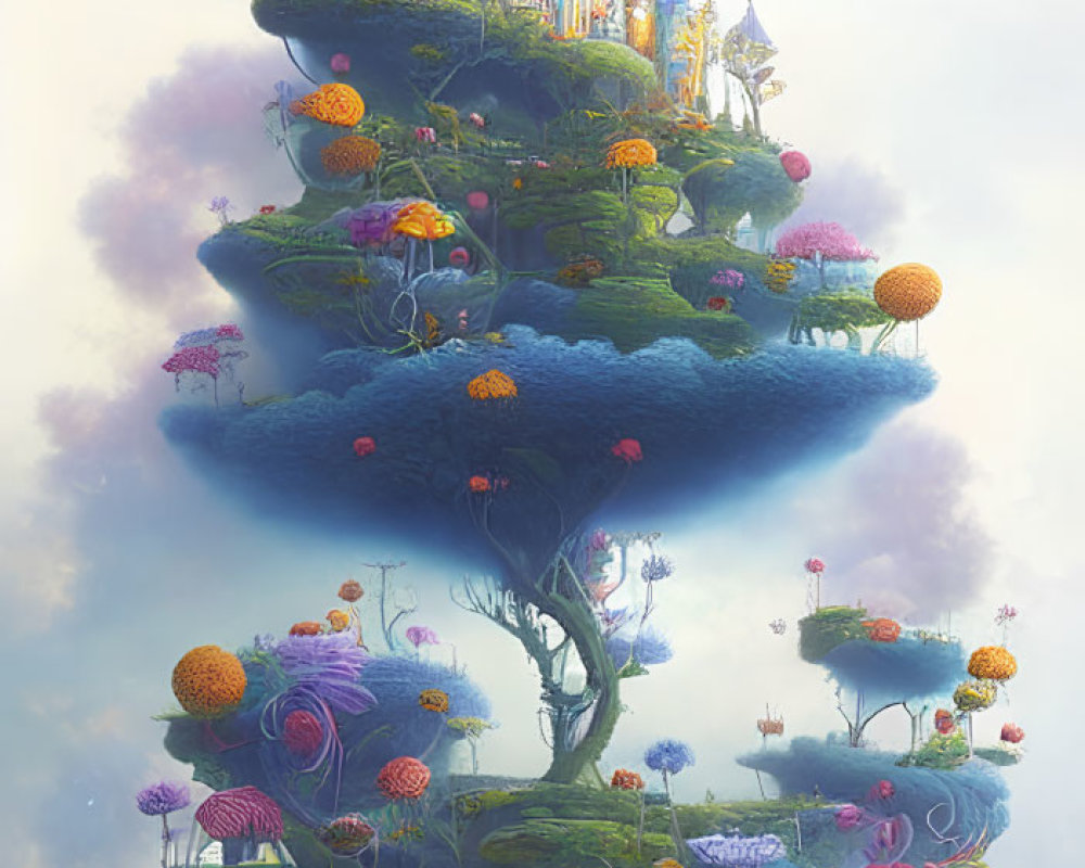 Giant fantasy tree city with floating islands and exotic flora