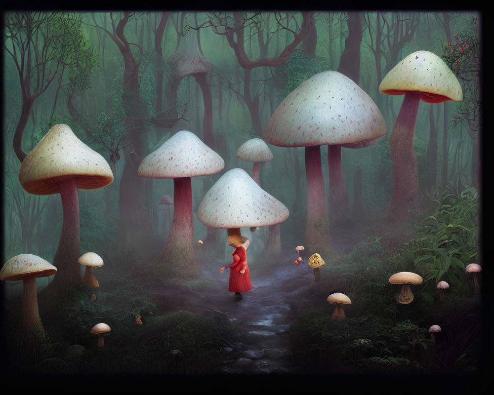 Child in Red Cloak Explores Enchanted Forest with Oversized Mushrooms