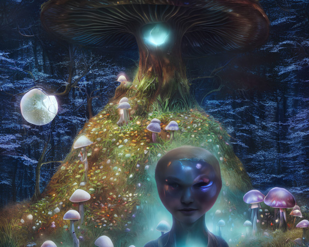 Ethereal humanoid and luminescent mushrooms in twilight forest