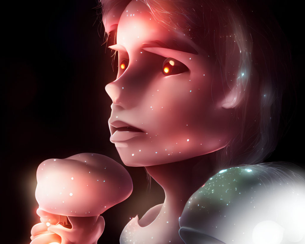 Child with Glowing Red Eyes Holding Object in Starry Illustration