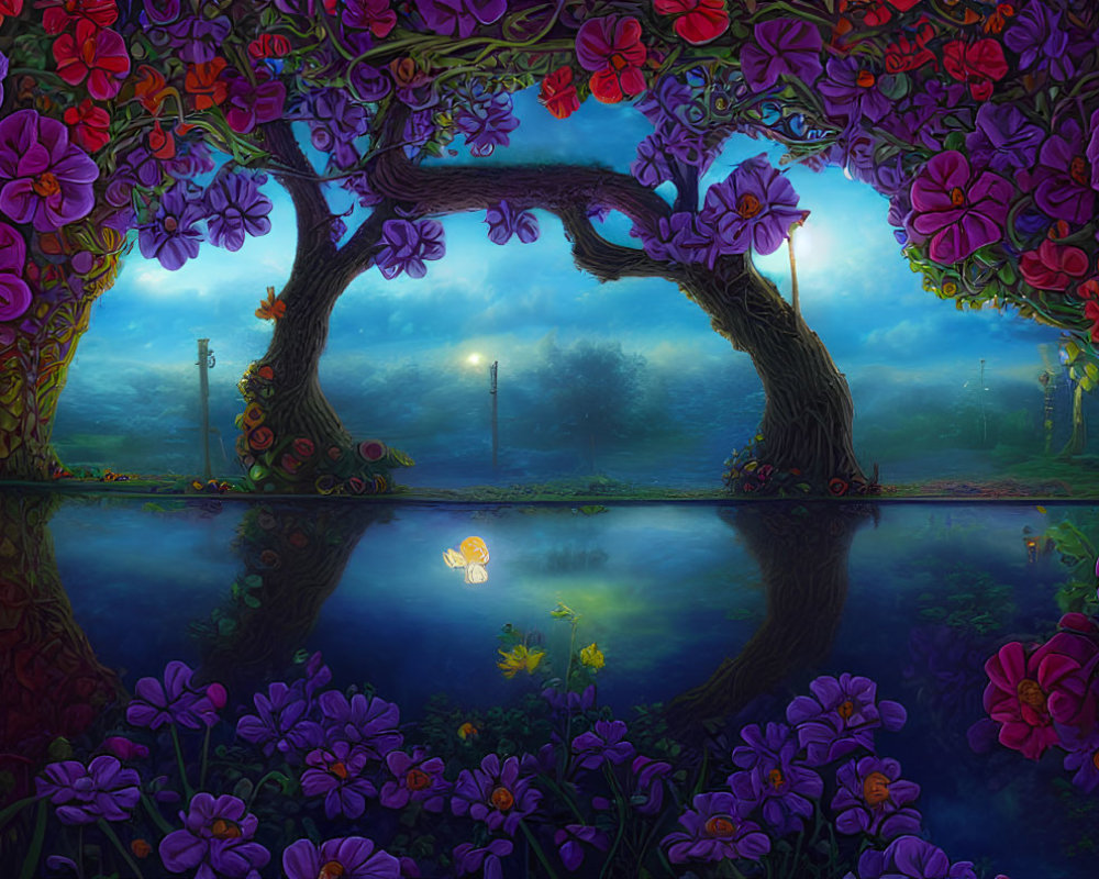 Colorful flowers surround glowing tree arch over serene pond with street lamps and floating swan