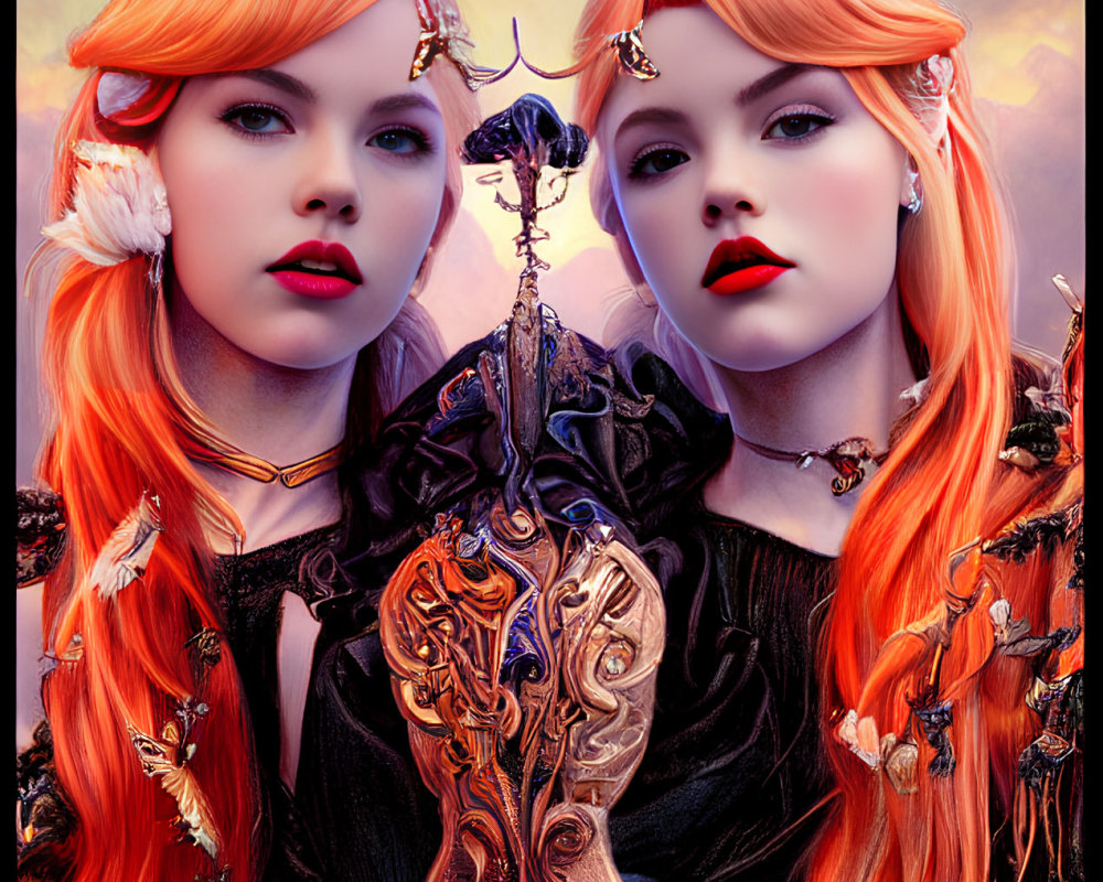 Vibrant orange-haired twin women in gothic attire with ornate hourglass against surreal dusk sky