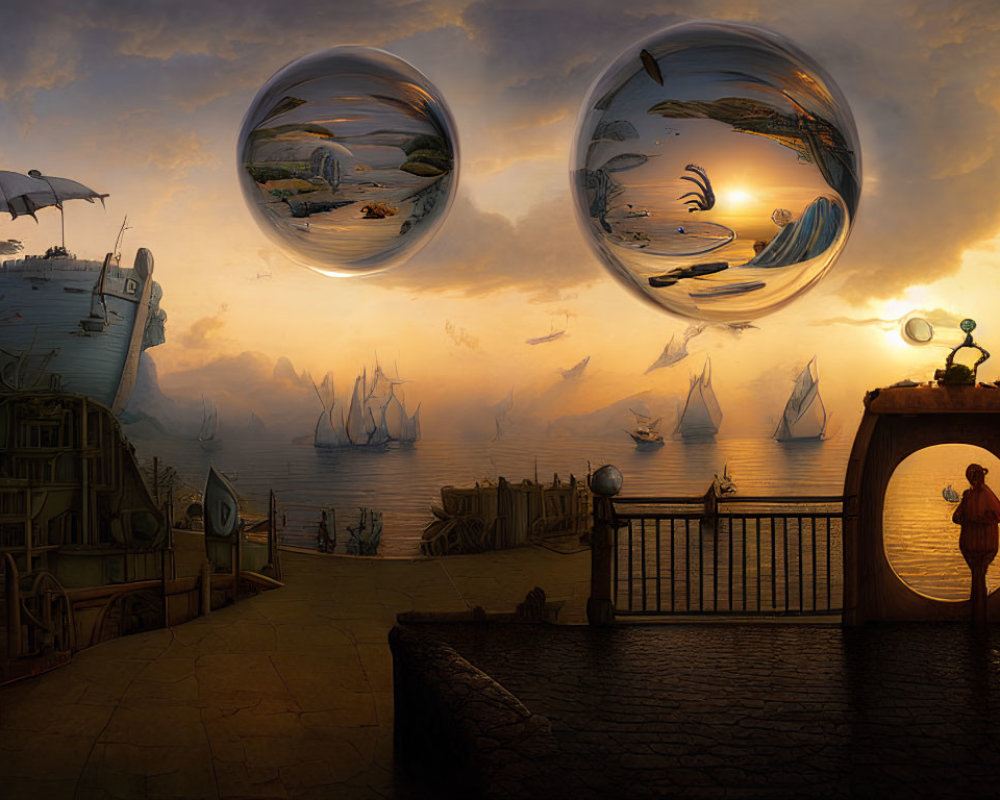 Surreal sunset seascape with ships, marine life bubbles, and lone figure.