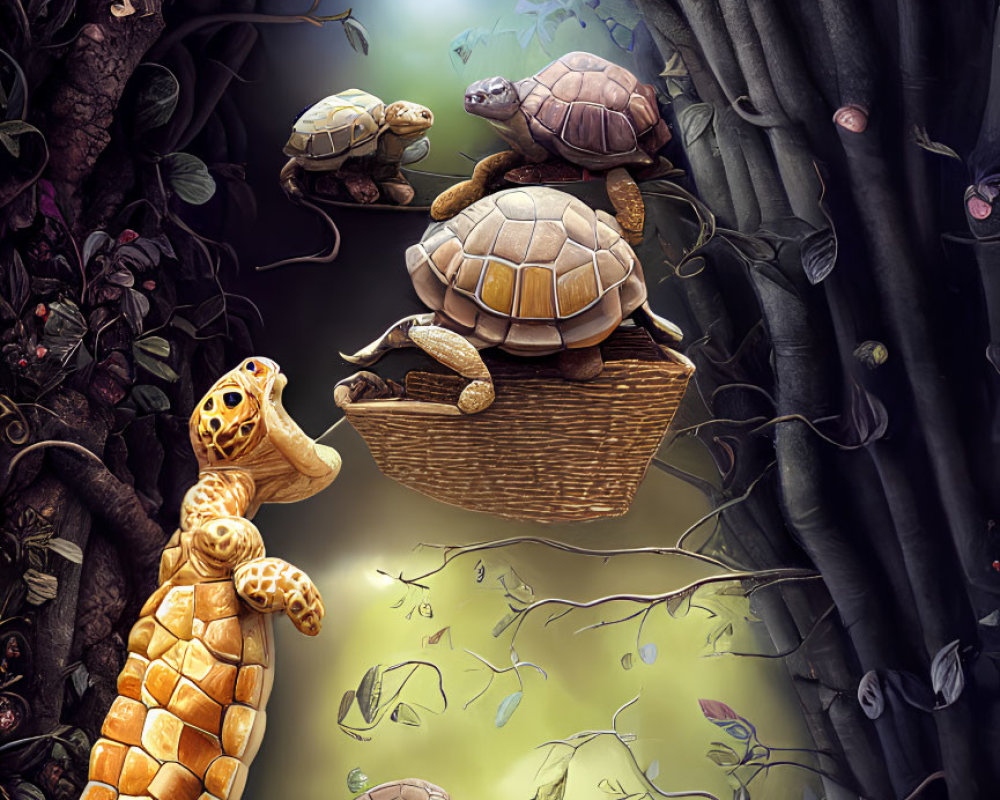 Vibrant Turtle Tower with Basket, Ladder, and Whimsical Flora