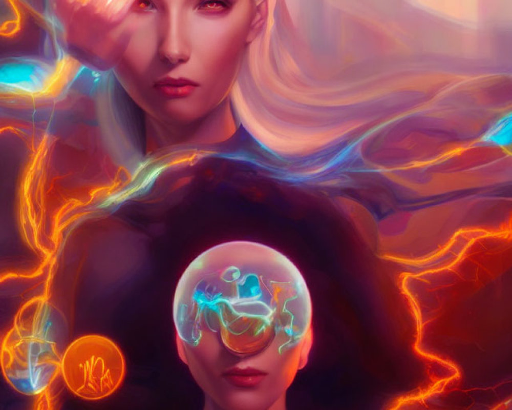 Colorful digital artwork: two women, one with glowing lines, holding a transparent sphere with a miniature