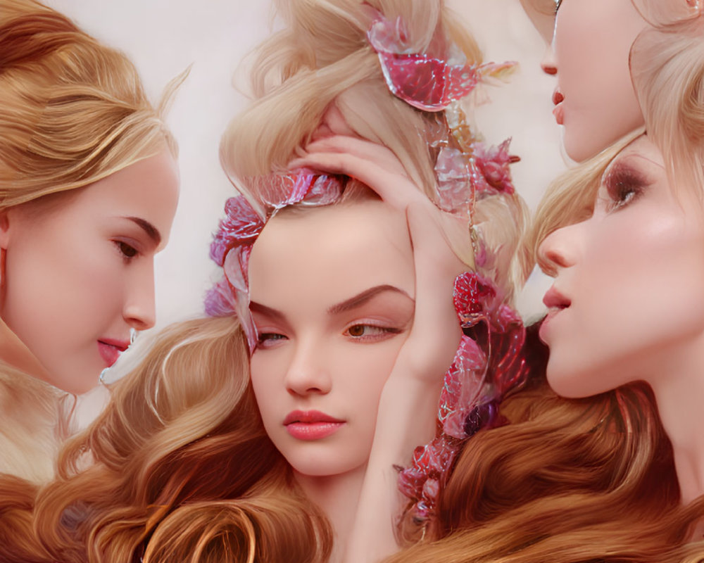 Ethereal women with flowing hair and floral accents in soft pastel tones