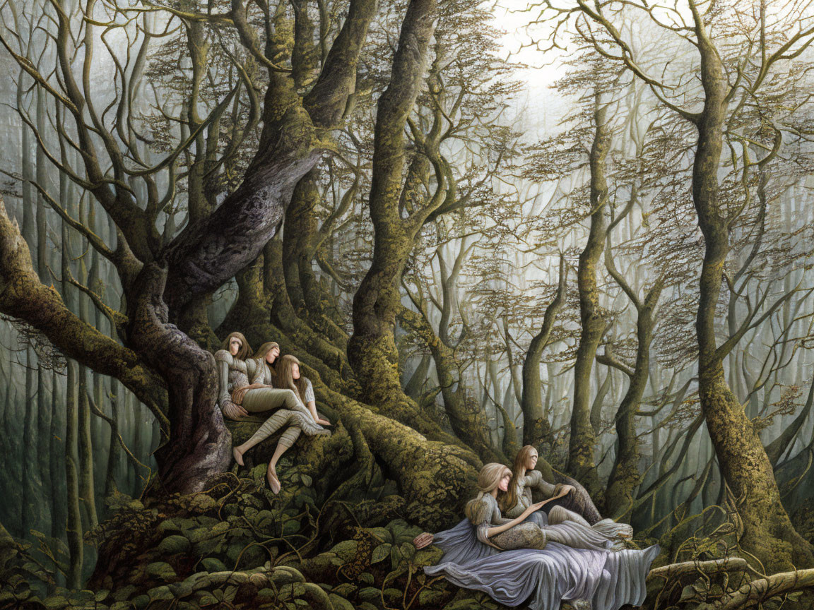 Ethereal forest scene with resting individuals in a misty setting