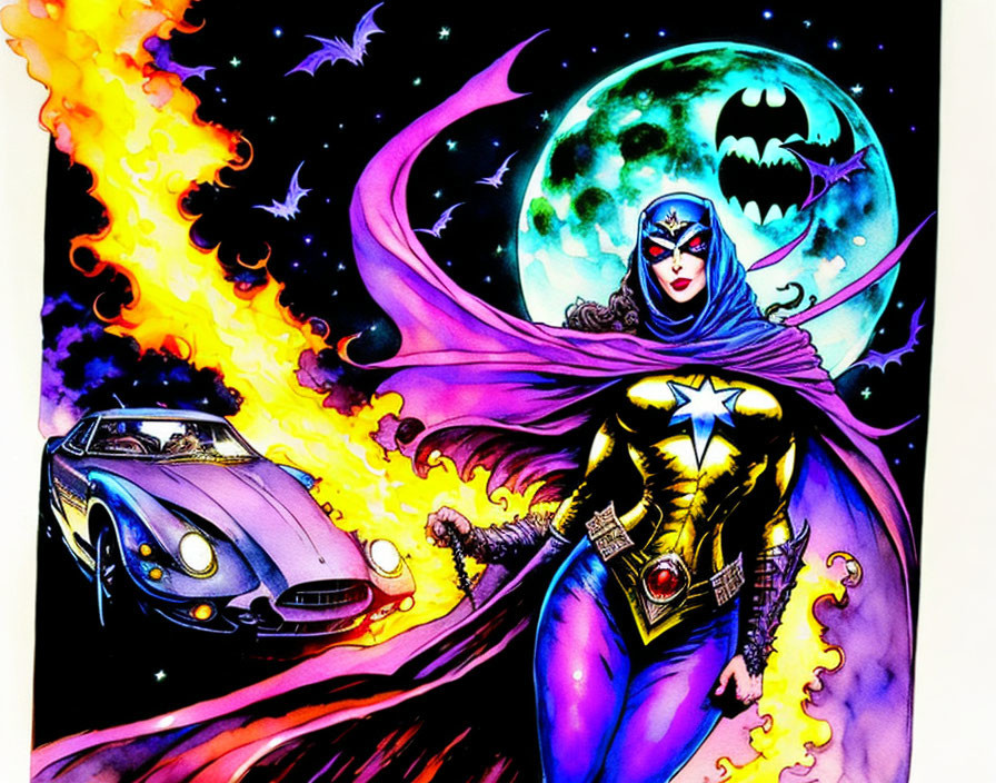 Colorful superheroine with star emblem, flaming car, and celestial backdrop illustration