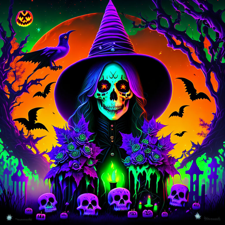 Colorful Halloween skeleton in witch outfit with bats, pumpkins, and moon.