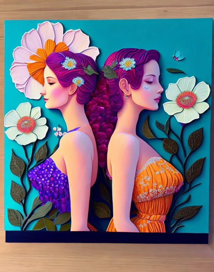 Stylized female figures with purple hair and floral adornments on blue background.