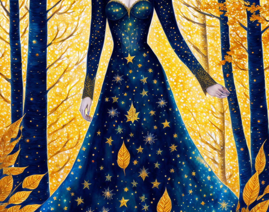 Illustrated woman in starry blue gown in golden forest with blue trunks and yellow foliage