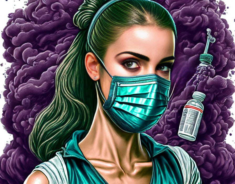 Stylized illustration of woman in teal mask with vaccine vial and syringe