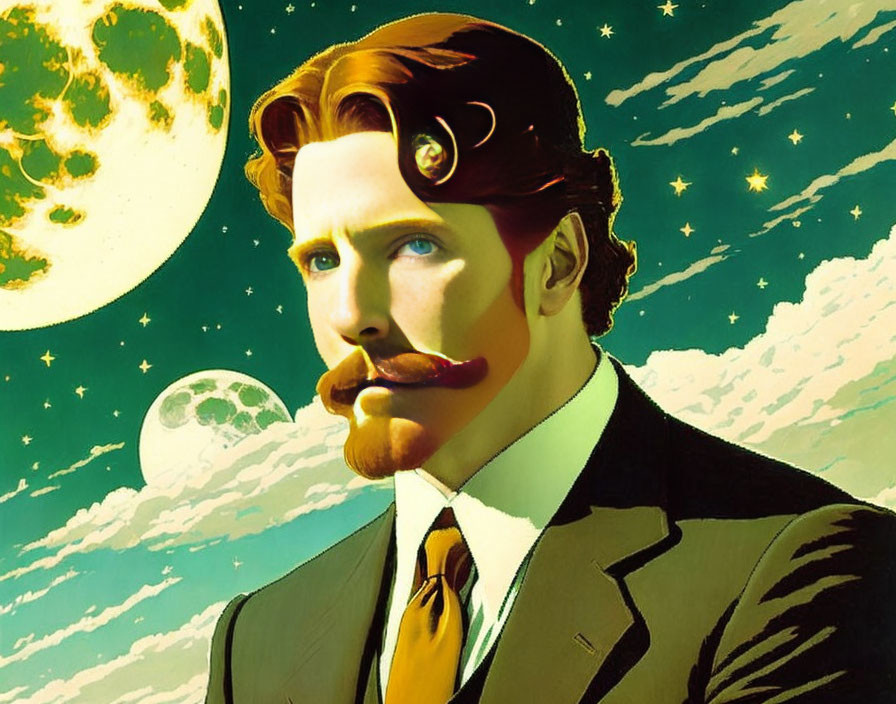 Man with Stylized Hair and Mustache in Celestial Backdrop