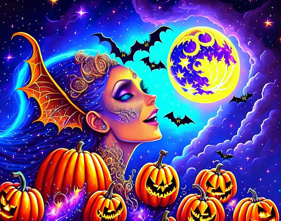 Woman with Halloween-themed makeup among pumpkins, bats, full moon