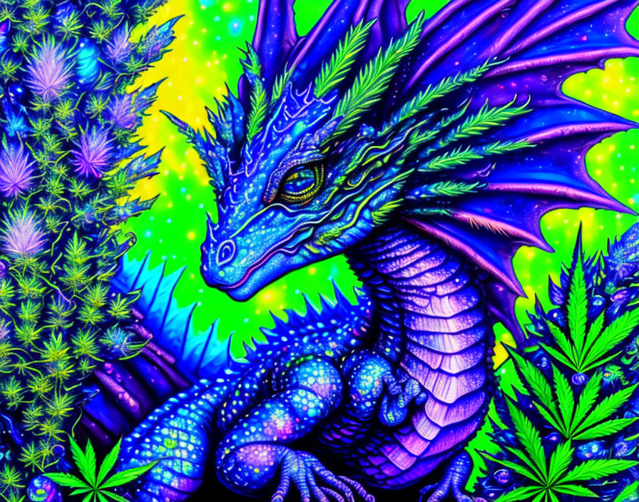 Vibrant Blue Dragon with Purple Wings in Lush Green Foliage