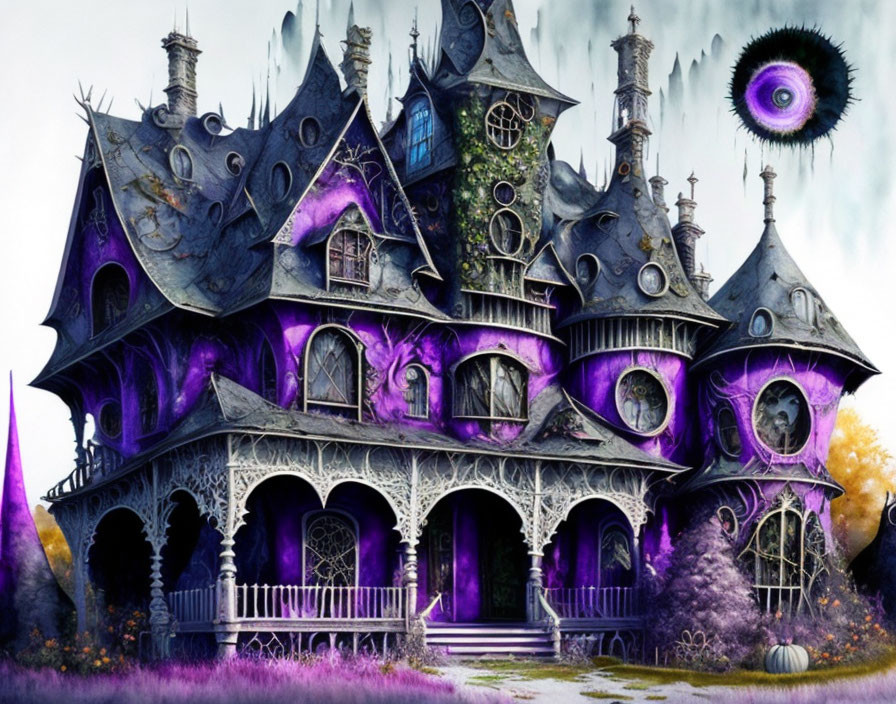 Fantasy-style violet mansion with spires and watching eye in surreal purple landscape