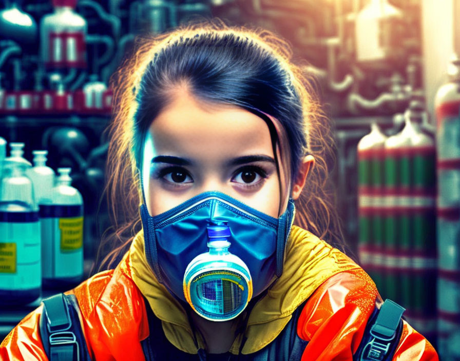 Woman in blue gas mask with orange jacket in front of colorful industrial pipes