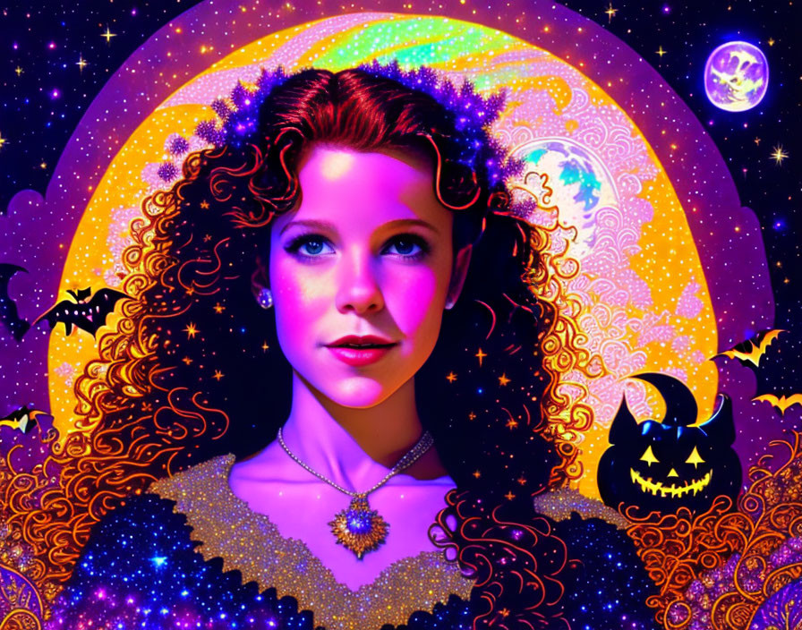 Colorful artwork: Woman with curly hair in cosmic scene with bats, jack-o'-lantern,