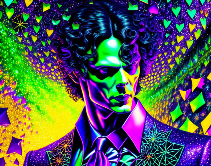 Colorful Psychedelic Portrait of Man with Wavy Hair and Geometric Patterns