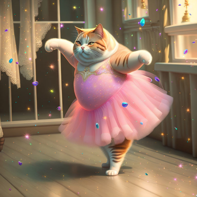 Pink Tutu Cat Dancing Gracefully in Sparkly Room