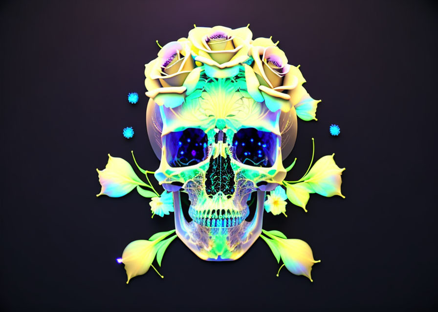 Neon-colored human skull with whimsical flora on dark background