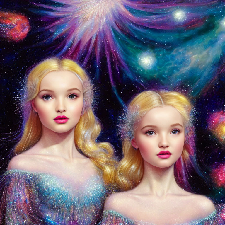 Blonde Women in Sparkling Dresses Amid Cosmic Background