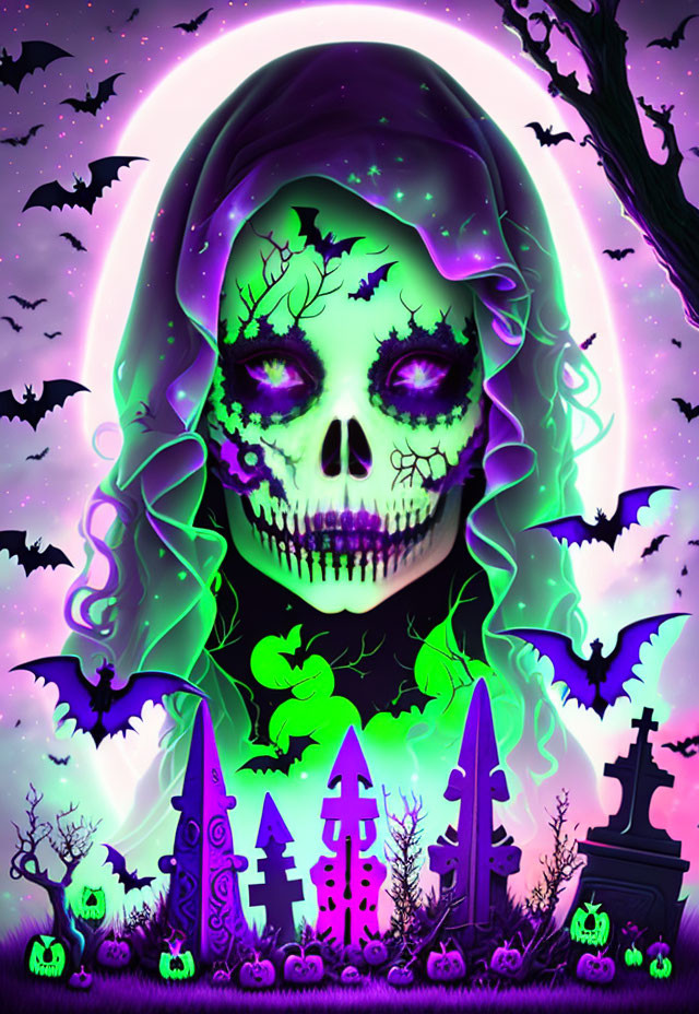 Skull surrounded by bats, graves, pumpkins in neon-green highlights on purple sky