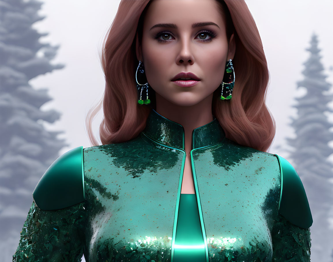 Digital Artwork: Woman with Auburn Hair in Futuristic Green Outfit