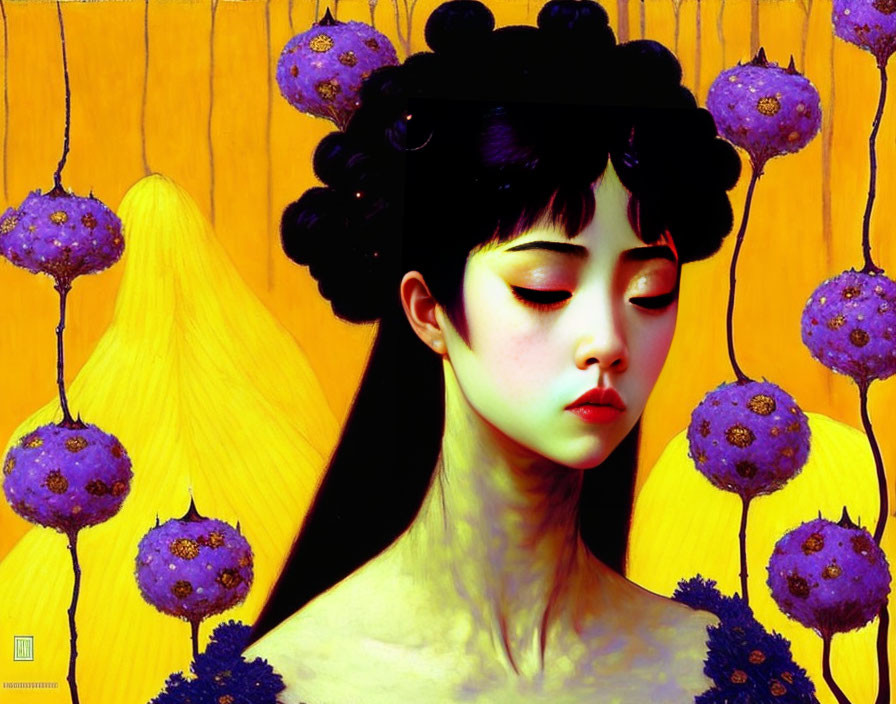 Digital painting: Woman with yellow wings and purple flowers on yellow wooden background