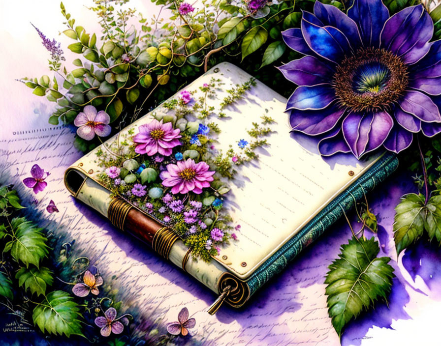 Colorful illustration of open journal with lush flowers and purple bloom