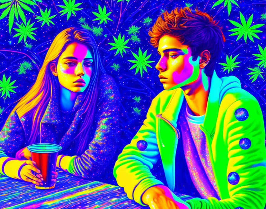 Vibrant digital art: young man and woman in neon colors on cosmic backdrop with cannabis leaves and