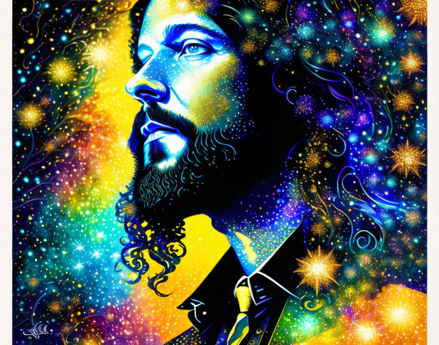 Man with Curly Hair and Beard in Vibrant Cosmic Portrait