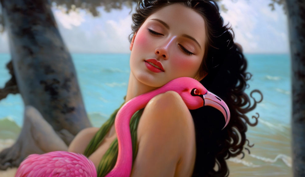 Woman Relaxing on Pink Flamingo Inflatable in Tropical Setting