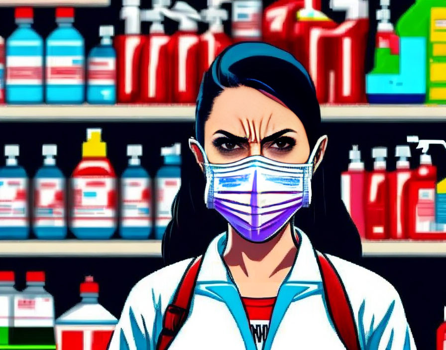 Illustrated woman in lab coat with mask among colorful cleaning products