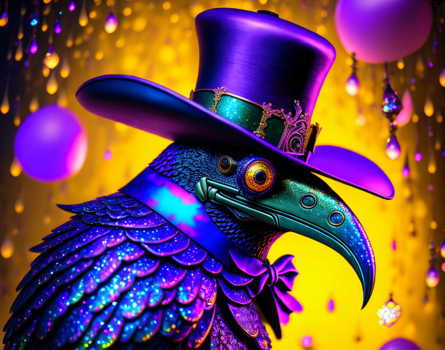 Stylized raven with top hat and monocle on gold and purple background