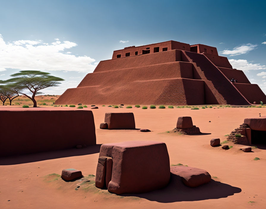 Red Sandstone Pyramid Building in Desert Landscape