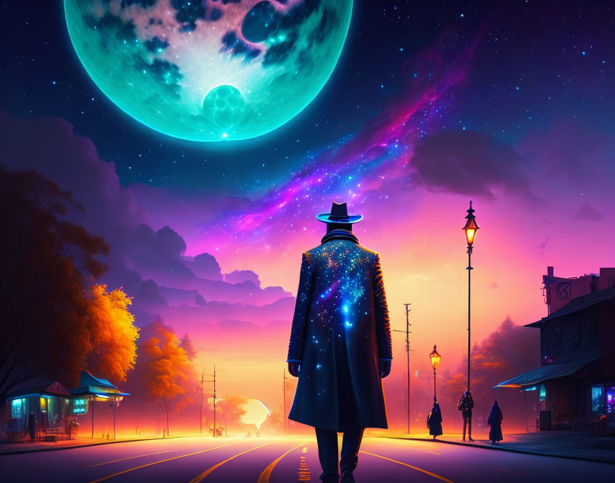 Person in star-patterned coat gazes at large moon in vibrant sky