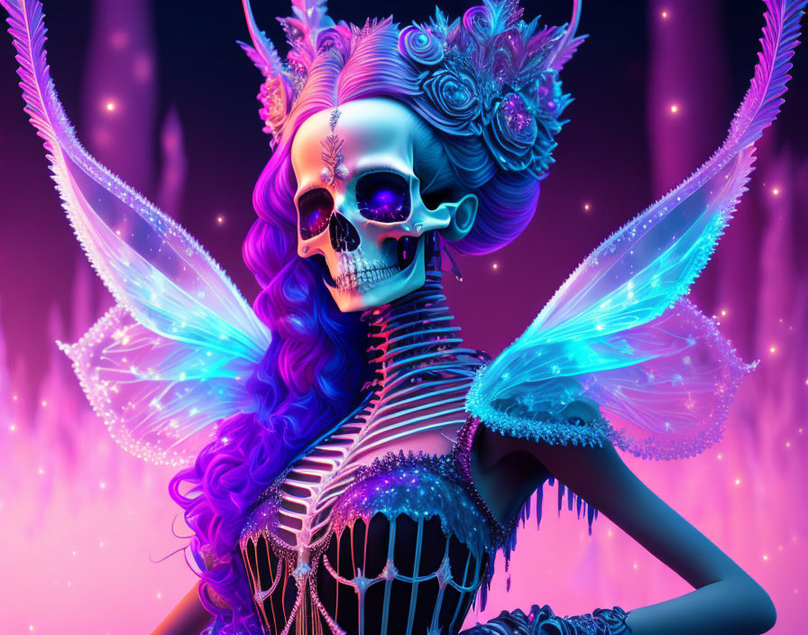 Colorful Skeleton with Butterfly Wings and Floral Elements on Vibrant Background