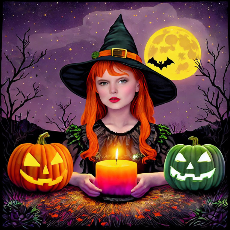 Red-haired witch in black hat surrounded by jack-o'-lanterns, bats, and full moon