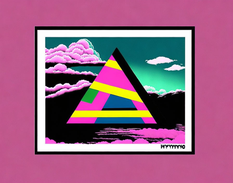 Colorful geometric digital art: teal sky, purple clouds, bold triangle, stripes in black frame on