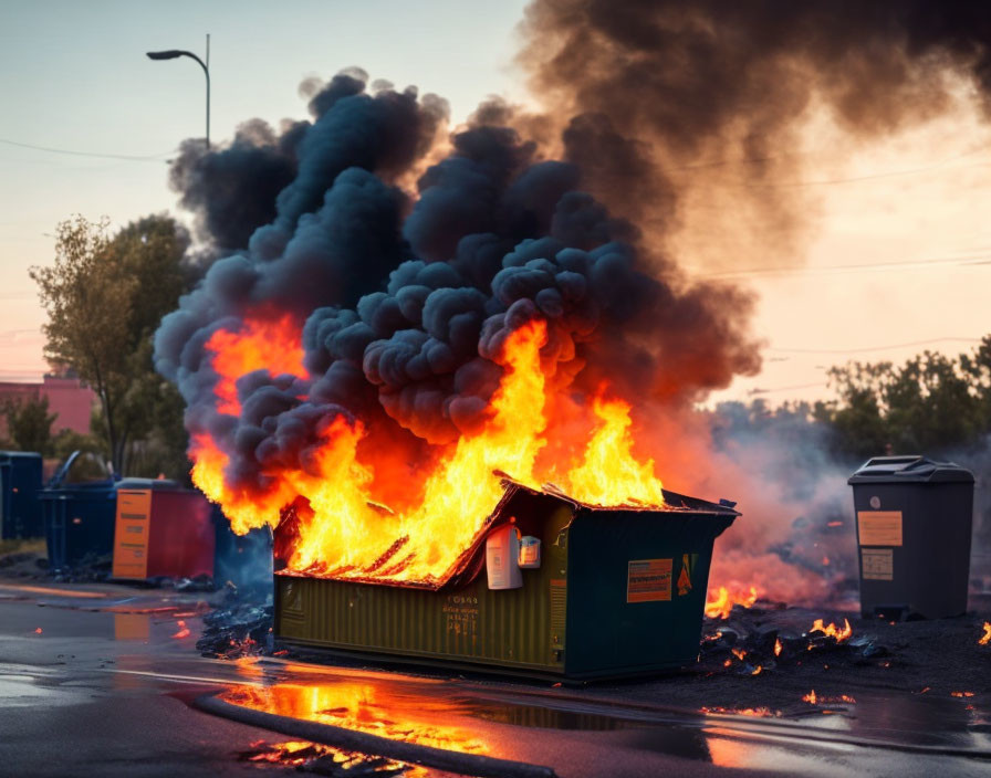 Intense flames engulf dumpster on asphalt road