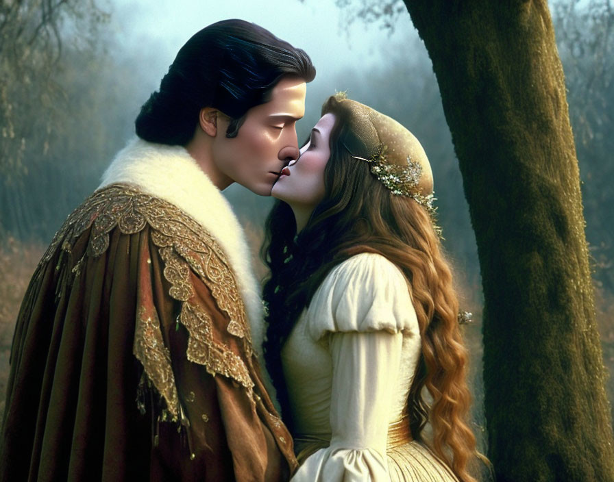 Couple in historical clothing kissing in misty forest