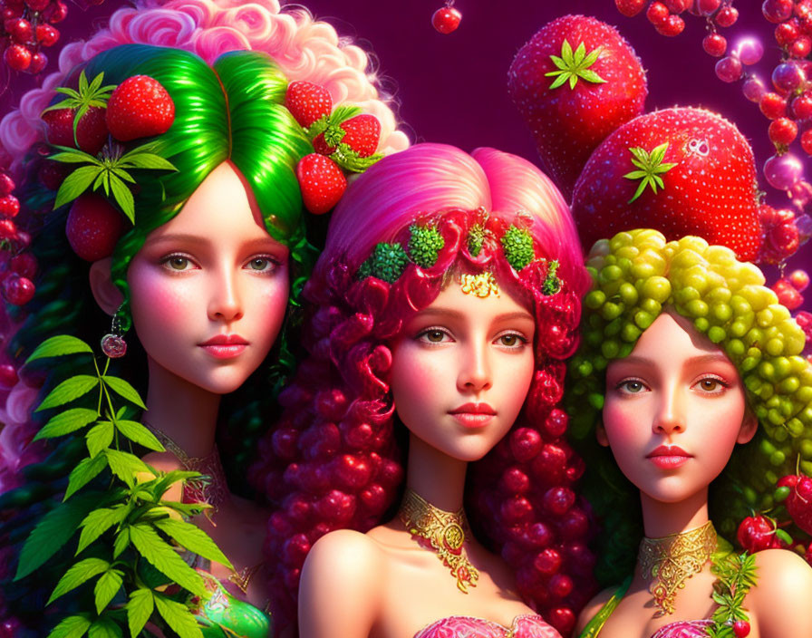 Stylized female figures with berry and leaf hair on purple background